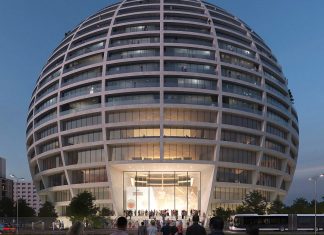 Futuristic spherical Grand Ballroom stacks arena, hotel, and apartments